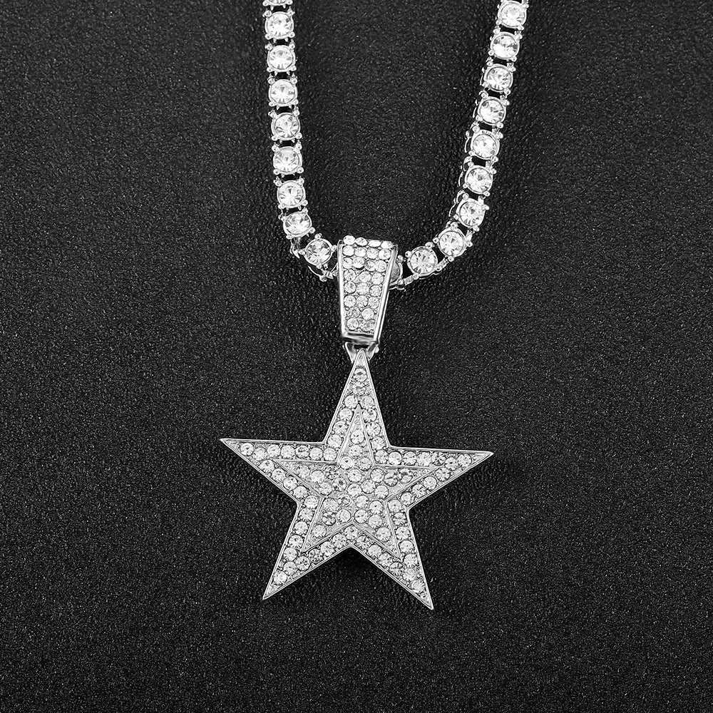 Hip Hop Pentagram Pendant Necklace Iced Out Rhinestone Chain Star Necklace