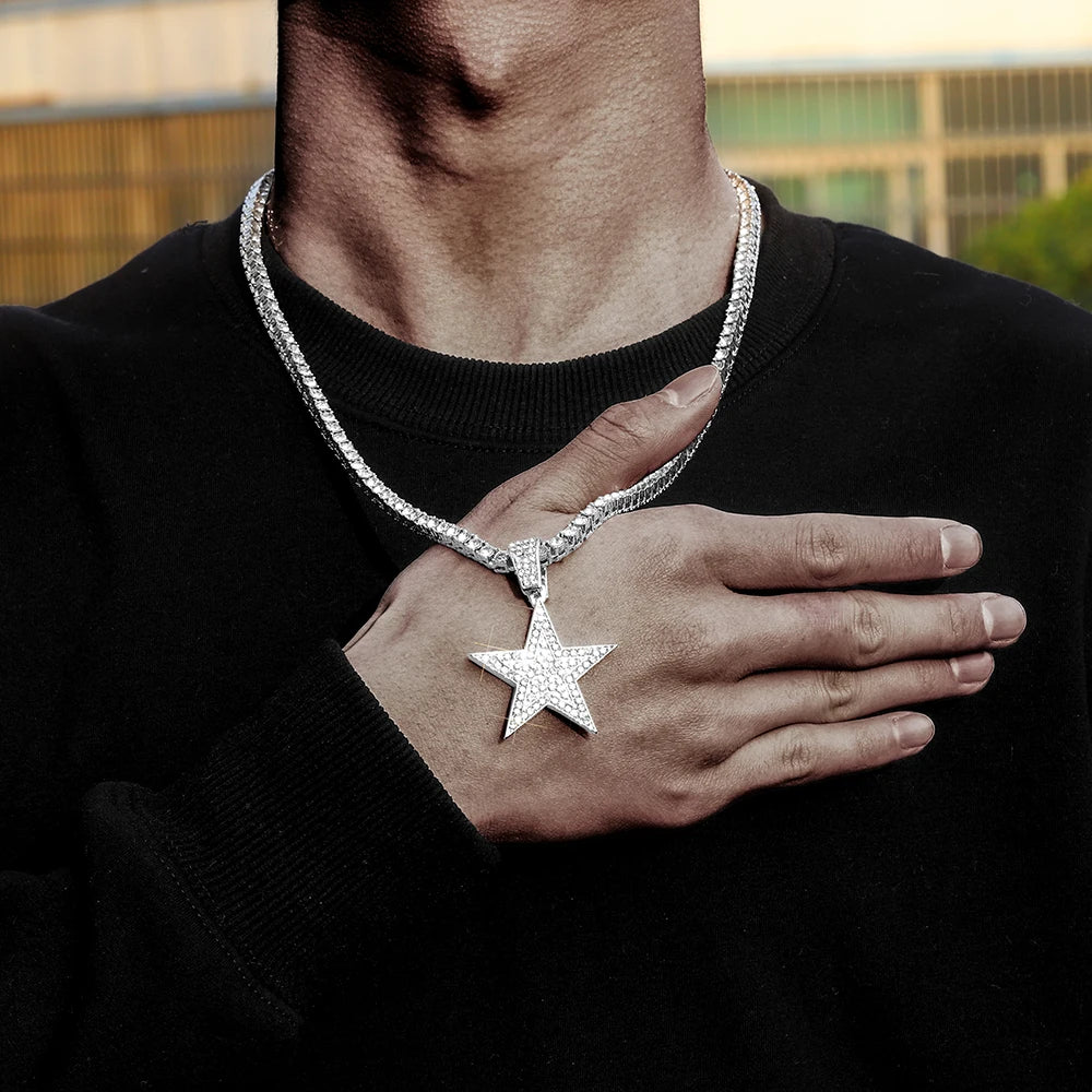 Hip Hop Pentagram Pendant Necklace Iced Out Rhinestone Chain Star Necklace