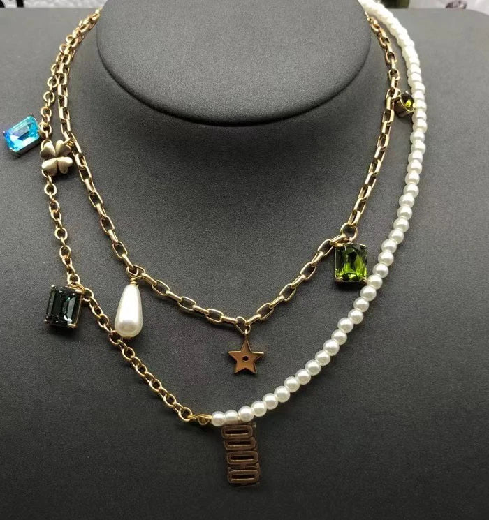 Hip Hop Plated Pearl Rhinestone Letter Necklace Women Jewelry
