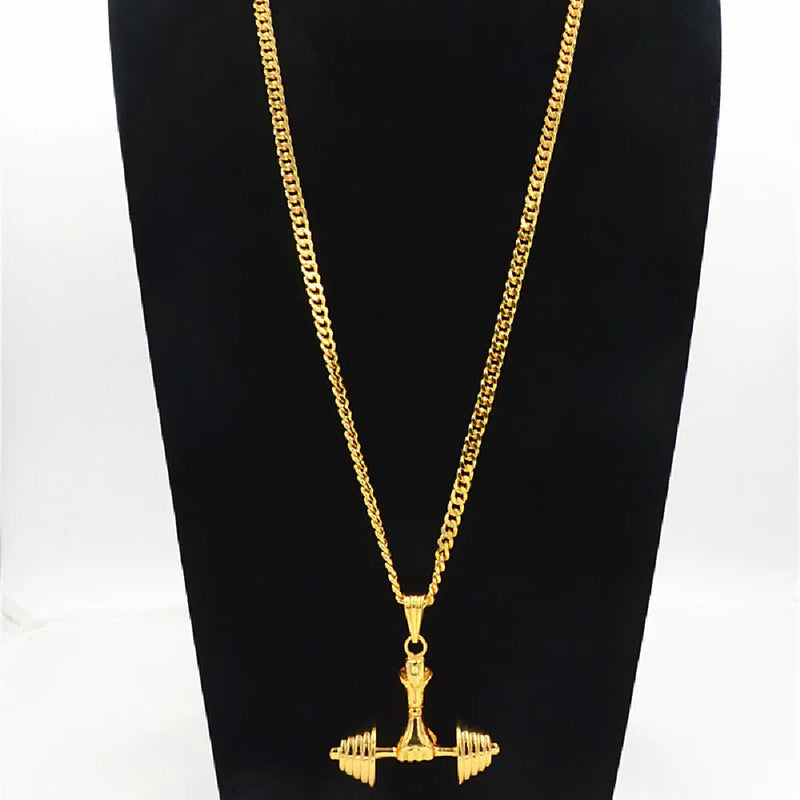 Hip Hop Golden Dumbbell Pendant Necklace European American Fitness Necklace