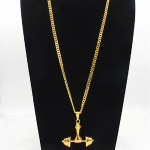Hip Hop Golden Dumbbell Pendant Necklace European American Fitness Necklace