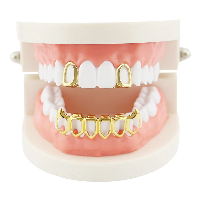 Yellow Plated Single Hollow Top Teeth Grillz Caps Tooth Grills & Classic Bottom