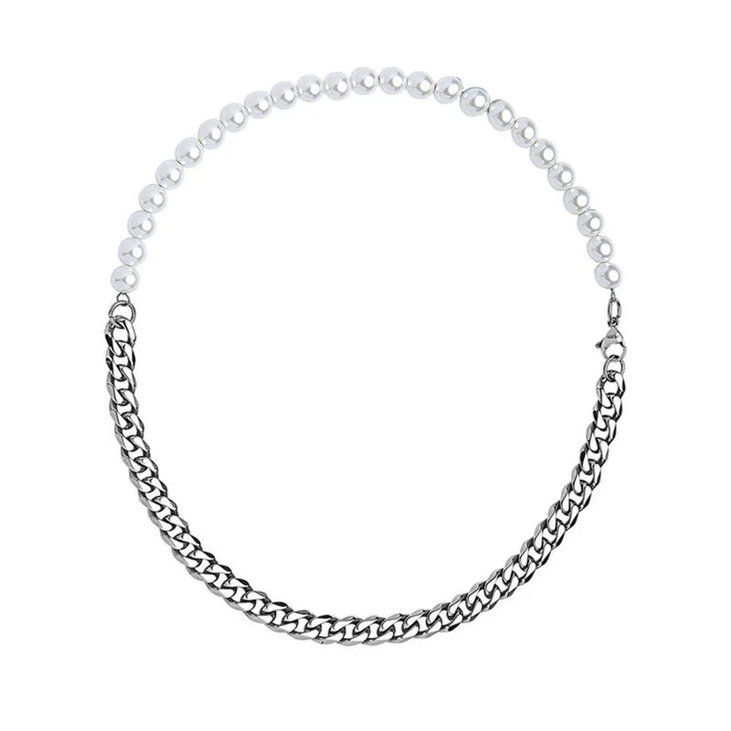 Hip Hop Half Pearl Half Cuban Chain Necklace