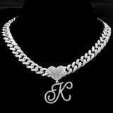 Hip Hop Heart Initial Pendant Necklace With Cuban Link Chain