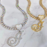 Hip Hop Heart Initial Pendant Necklace With Cuban Link Chain