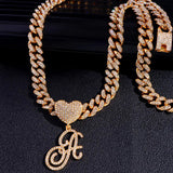 Hip Hop Heart Initial Pendant Necklace With Cuban Link Chain