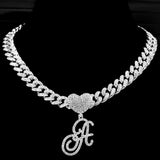 Hip Hop Heart Initial Pendant Necklace With Cuban Link Chain