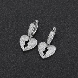 Hip Hop Ice Out Broken Heart Dangle Earrings Silver Cubic Zircon Huggie Earrings