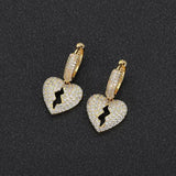 Hip Hop Ice Out Broken Heart Dangle Earrings Silver Cubic Zircon Huggie Earrings