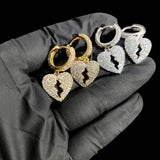 Hip Hop Ice Out Broken Heart Dangle Earrings Silver Cubic Zircon Huggie Earrings