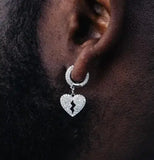 Hip Hop Ice Out Broken Heart Dangle Earrings Silver Cubic Zircon Huggie Earrings