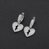 Hip Hop Ice Out Broken Heart Dangle Earrings Silver Cubic Zircon Huggie Earrings