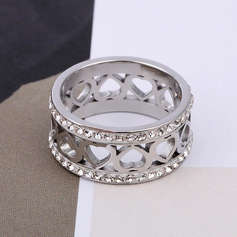 Hip Hop Bling CZ Heart Ring Women Steel Engagement Jewelry