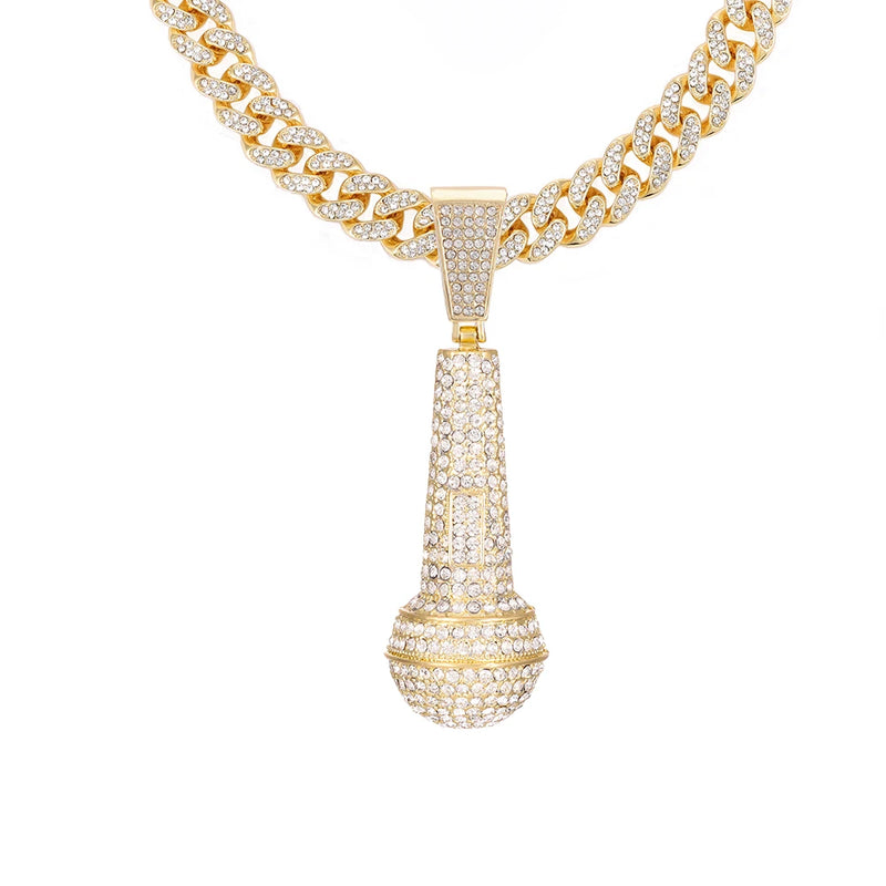 Hip Hop Iced Out Microphone Pendant Necklace Cuban Link Chain Jewelry