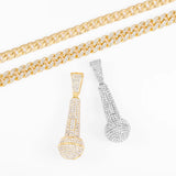 Hip Hop Iced Out Microphone Pendant Necklace Cuban Link Chain Jewelry