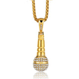 Hip Hop Microphone Pendant Necklace Iced Out Bling Stainless Steel Chain