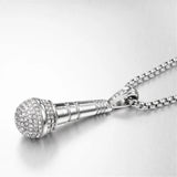 Hip Hop Microphone Pendant Necklace Iced Out Bling Stainless Steel Chain