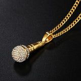 Hip Hop Microphone Pendant Necklace Iced Out Bling Stainless Steel Chain