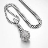 Hip Hop Microphone Pendant Necklace Iced Out Bling Stainless Steel Chain