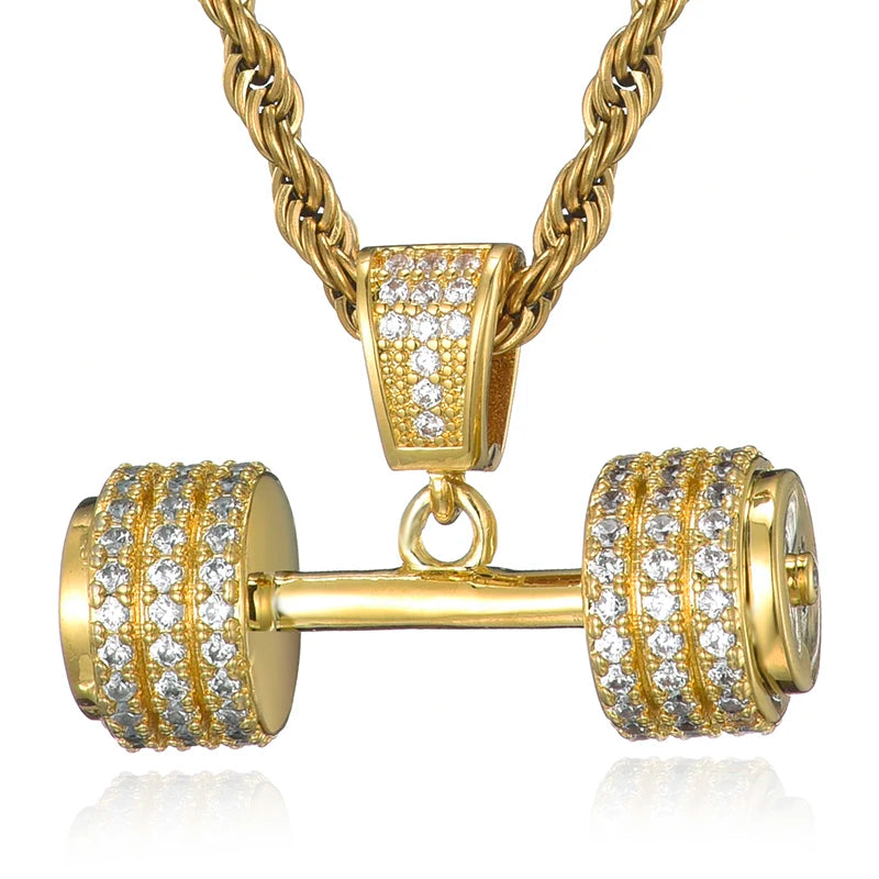 Hip Hop Iced Out Bling Rope Chain Barbell Gym Fitness Dumbbell Pendant