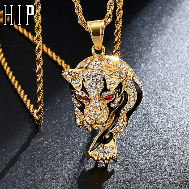 Hip Hop Bling Tiger Steel Pendant Necklace with Chains