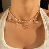 Hip Hop Crystal Dollar Sign Pendant Necklace Bling Rhinestone Chain Choker