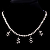 Hip Hop Crystal Dollar Sign Pendant Necklace Bling Rhinestone Chain Choker