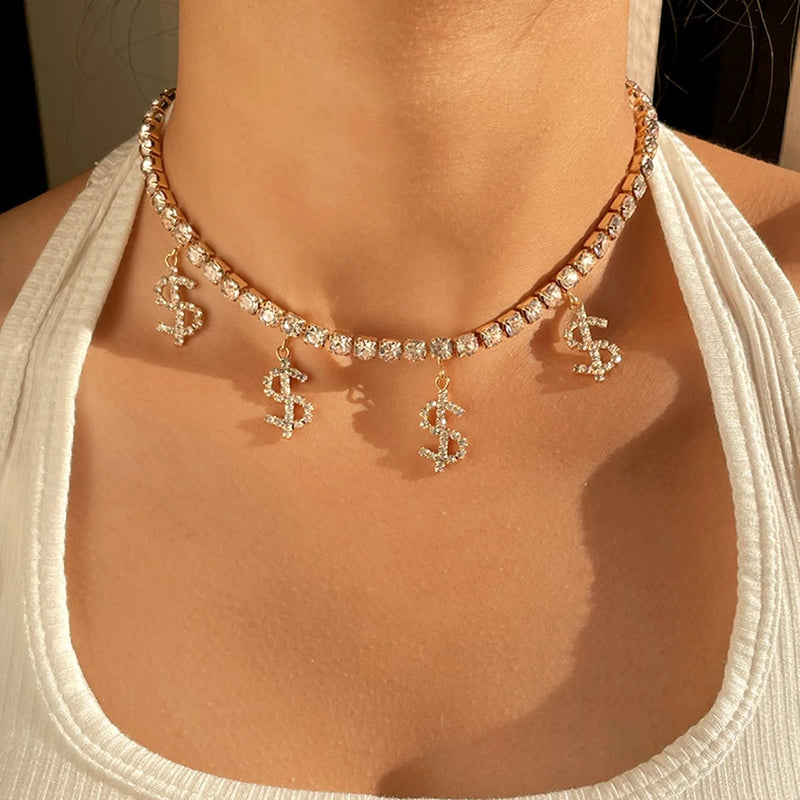 Hip Hop Crystal Dollar Sign Pendant Necklace Bling Rhinestone Chain Choker