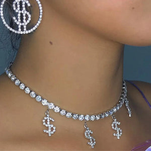 Hip Hop Crystal Dollar Sign Pendant Necklace Bling Rhinestone Chain Choker