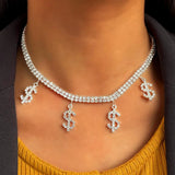 Hip Hop Crystal Dollar Sign Pendant Necklace Bling Rhinestone Chain Choker