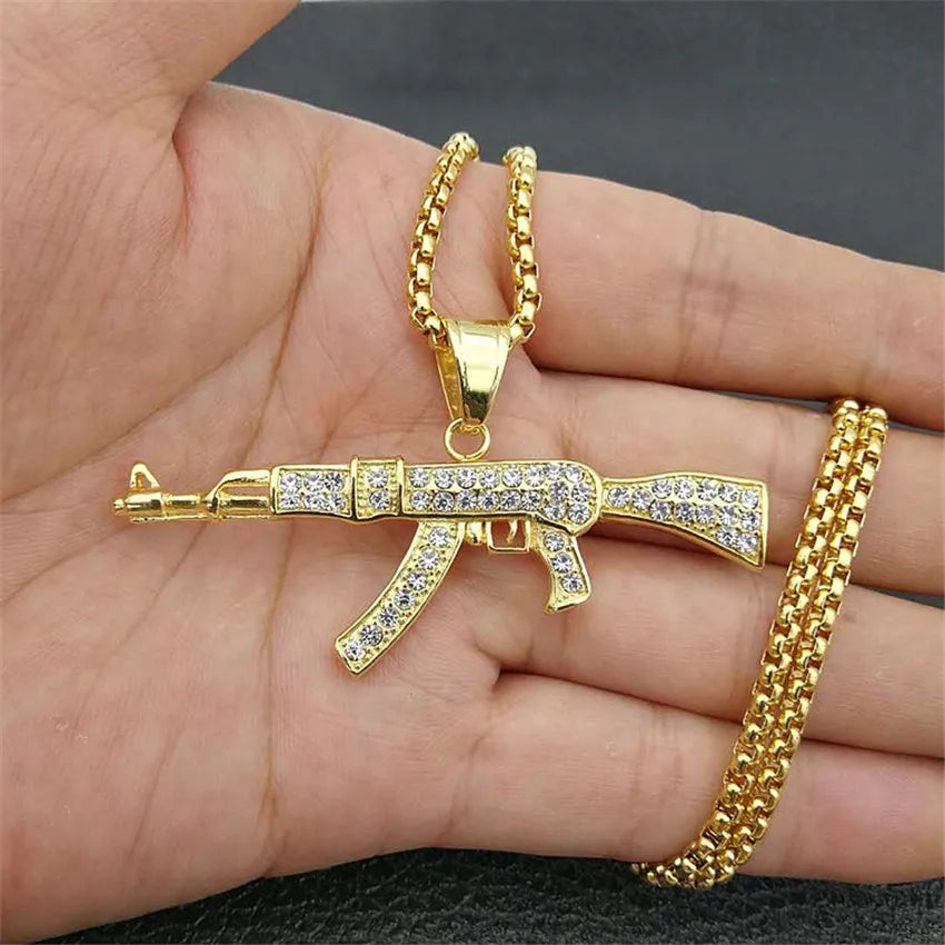 Hip Hop Iced Out AK47 Gun Pendant Necklace Stainless Steel Military Jewelry