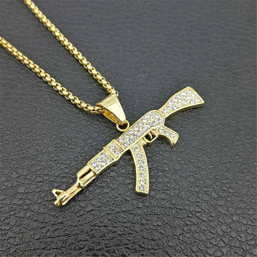 Hip Hop Iced Out AK47 Gun Pendant Necklace Stainless Steel Military Jewelry
