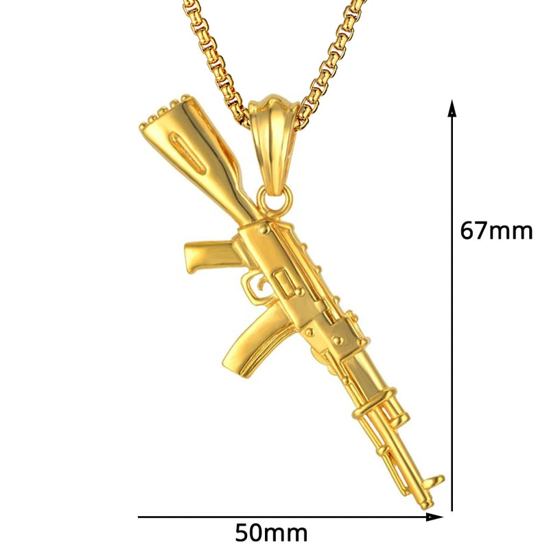 Hip Hop Iced Out AK47 Gun Pendant Necklace Stainless Steel Military Jewelry