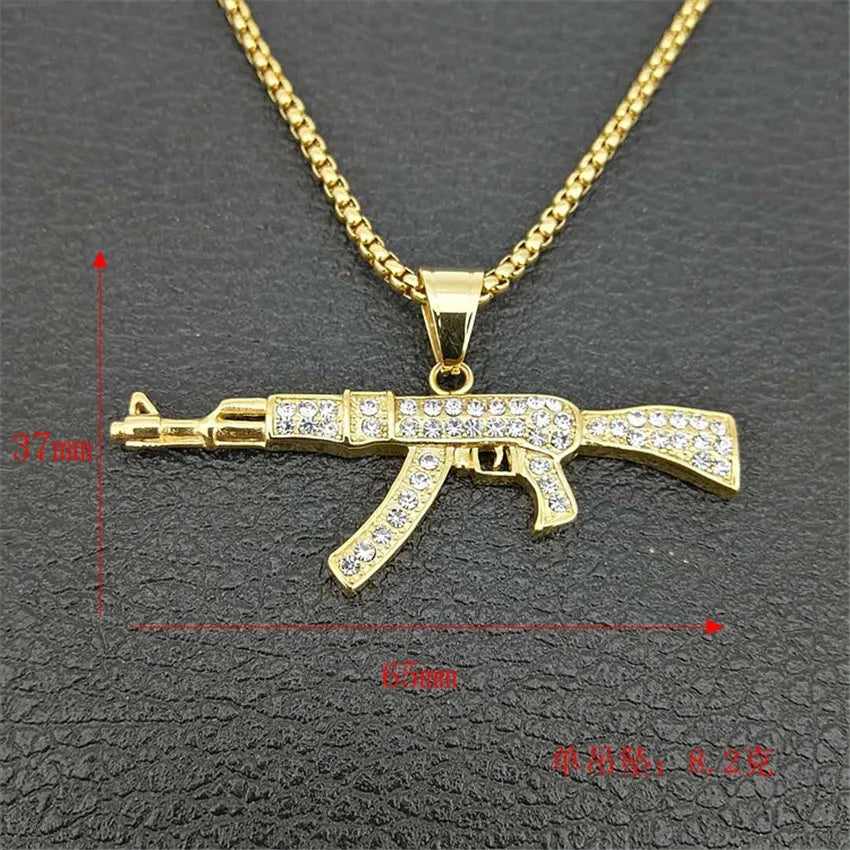 Hip Hop Iced Out AK47 Gun Pendant Necklace Stainless Steel Military Jewelry