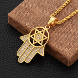 Hip Hop Star Of David Hasma Hand Pendant Necklace Stainless Steel Chain