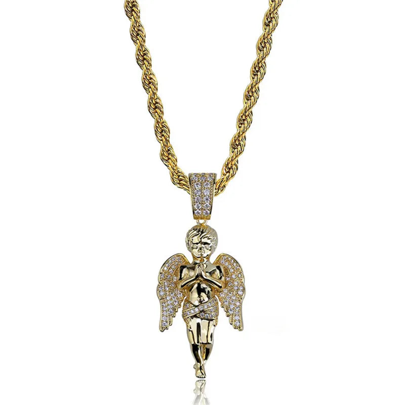 Mens Iced Out Zircon Angel Pendant Necklace
