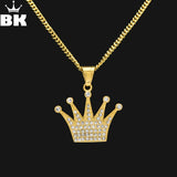 Hip Hop King Crown Pendant Necklace Stainless Steel Iced Out Rhinestone Charm