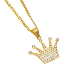Hip Hop King Crown Pendant Necklace Stainless Steel Iced Out Rhinestone Charm