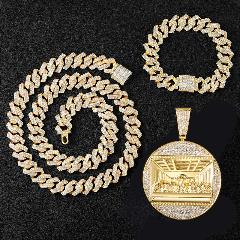 Hip Hop Last Supper Pendant Iced Out Chain Necklace And Bracelet