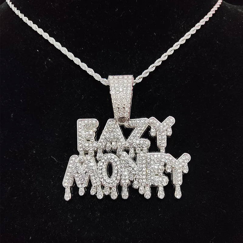 Hip Hop Letter Pendant Necklace Easy Money Chain Bling Cuban Necklaces