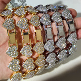Crystal Heart Link Chain Bracelet Bling Rhinestone Cuban Link Chain