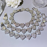 Crystal Heart Link Chain Bracelet Bling Rhinestone Cuban Link Chain
