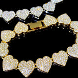 Crystal Heart Link Chain Bracelet Bling Rhinestone Cuban Link Chain
