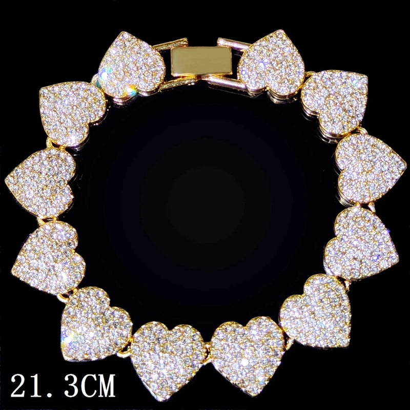 Crystal Heart Link Chain Bracelet Bling Rhinestone Cuban Link Chain