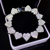 Crystal Heart Link Chain Bracelet Bling Rhinestone Cuban Link Chain