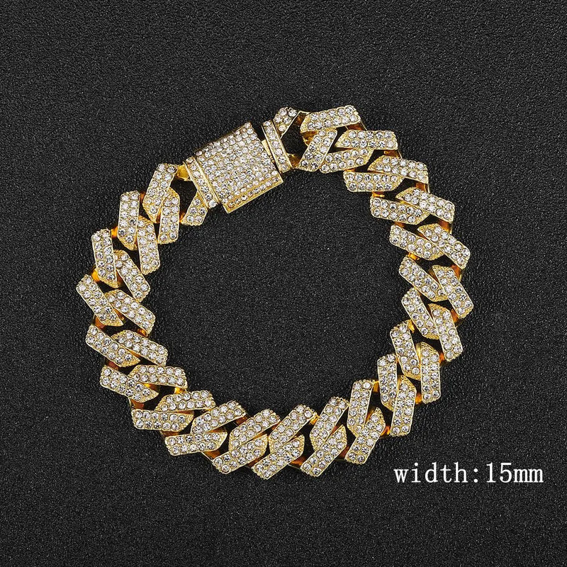 Hip Hop Men Chain 15MM Prong Cuban Chain 2 Row Iced Out Men's Necklace