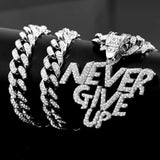 Hip Hop NEVER GIVE UP Pendant Necklace Bling Cuban Link Chain Rock Jewelry