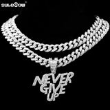 Hip Hop NEVER GIVE UP Pendant Necklace Bling Cuban Link Chain Rock Jewelry