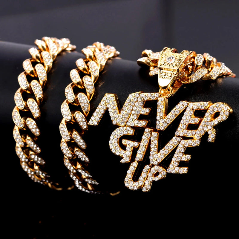 Hip Hop NEVER GIVE UP Pendant Necklace Bling Cuban Link Chain Rock Jewelry