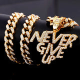 Hip Hop NEVER GIVE UP Pendant Necklace Bling Cuban Link Chain Rock Jewelry